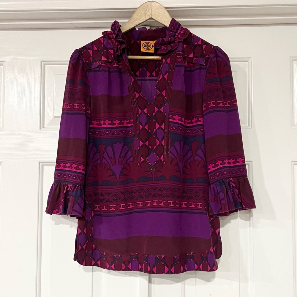 Tory Burch | Silk Geometric Colorful Print 3/4 Ruffle Sleeve V-neck Blouse